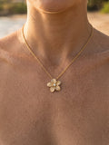 14k 13mm Diamond Plumeria Slide — close-up on model