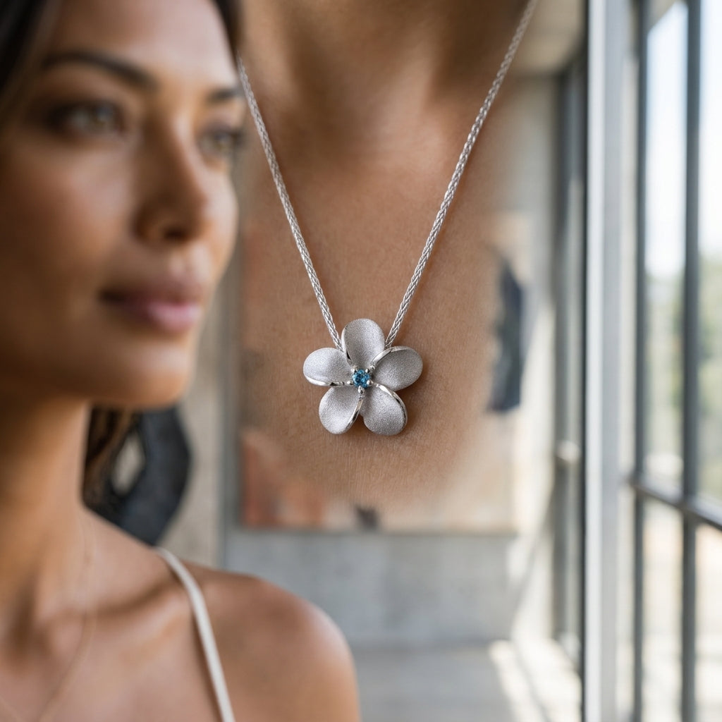 14k 11mm Plumeria Slide with Blue diamond — worn on model (brunette, view 2)