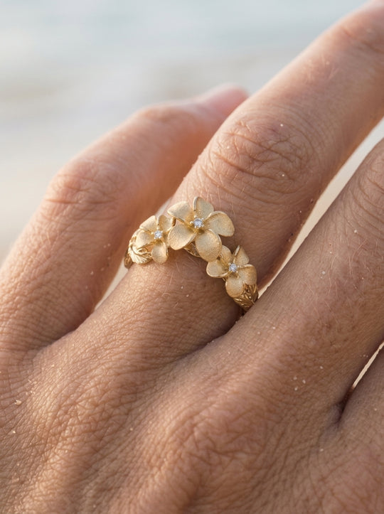 14k 11mm Plumeria Ring with 3 diamonds
