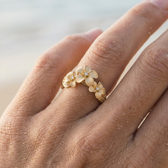 14k 11mm Plumeria Ring with 3 diamonds