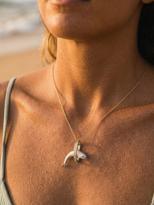 14k 2/tone 28mm "Jumping Loop" Dolphin Pendant with 16 diamonds