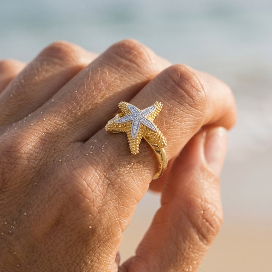 Anillo de estrella marina de 14k 16 mm con 11 diamantes