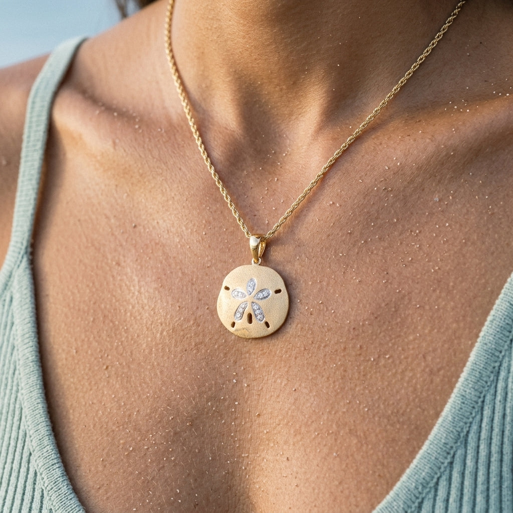 14k 25mm Sand Dollar Pendant with 12 Diamonds — worn on model (brunette, view 4)
