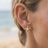 14k 16mm Starfish Earrings with 22 Diamonds — worn on model (blonde, view 3)