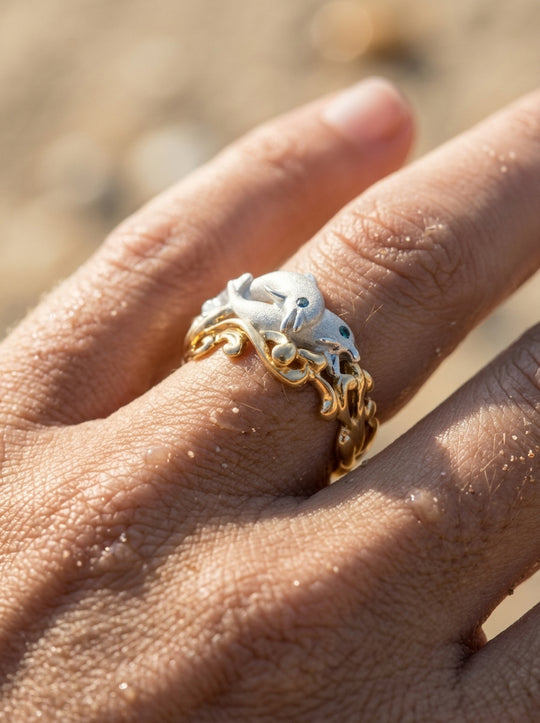 14k 2/tone 15mm "Flipping Couple" Dolphin Ring with blue diamonds