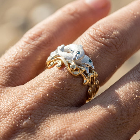 Anillo de delfín de 14k 2/tono de 15 mm "Flipping Pare" con diamantes azules