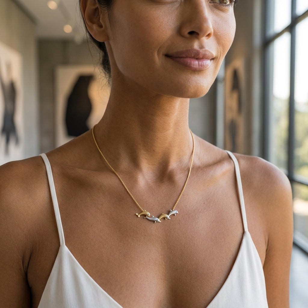 14k 2/tone 20mm "Open Sea" Dolphin Necklace with 4 diamonds — worn on model (brunette, view 1)