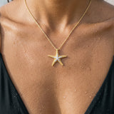 14k 30mm Starfish Pendant with 16 Diamonds — worn on model (brunette, view 4)