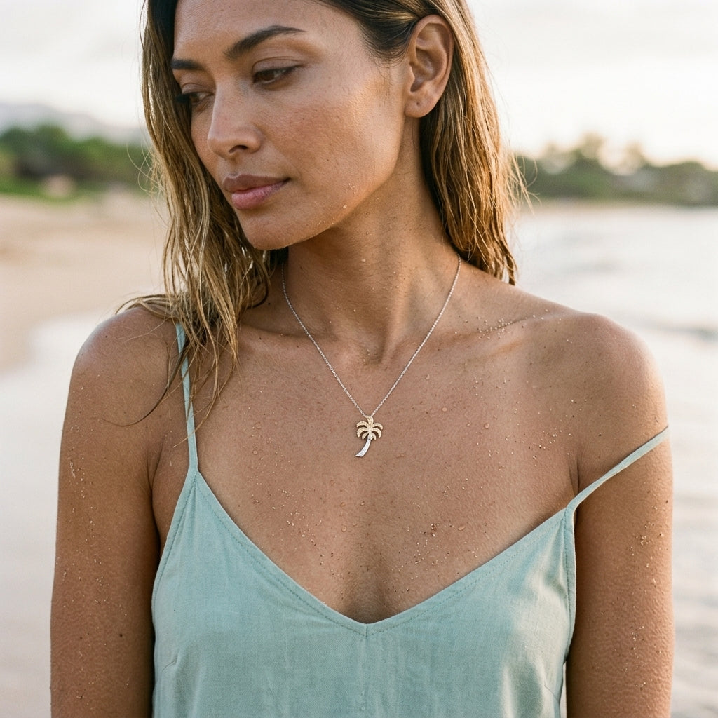 14k 2/tone 20mm Single Palm Tree Pendant with 9 Diamonds — worn on model (brunette, view 1)