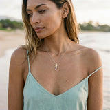 14k 2/tone 20mm Single Palm Tree Pendant with 9 Diamonds — worn on model (brunette, view 1)