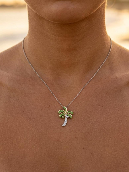 14k 2/tone 15mm Single Palm Tree Pendant with 5 Diamonds & 20 Tsavorites