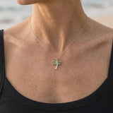 14k 2/tone 15mm Single Palm Tree Pendant with 5 Diamonds & 20 Tsavorites — worn on model (blonde, view 3)