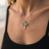14k 2/tone 15mm Single Palm Tree Pendant with 5 Diamonds & 20 Tsavorites — worn on model (blonde, view 4)