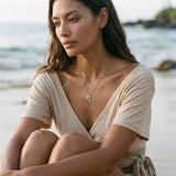 14k 2/tone 15mm Single Palm Tree Pendant with 5 Diamonds — worn on model (brunette, view 1)