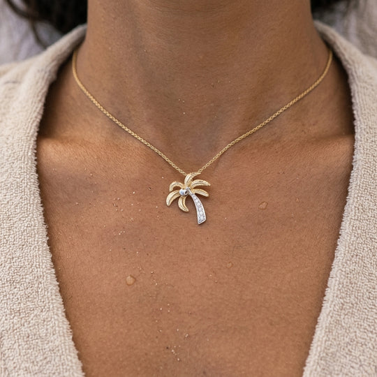 14k 2/tone 15mm Single Palm Tree Pendant with 5 Diamonds