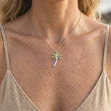 14k 2/tone 20mm Single Palm Tree Pendant with 8 Diamonds and 20 Tsavorites — worn on model (blonde, view 3)
