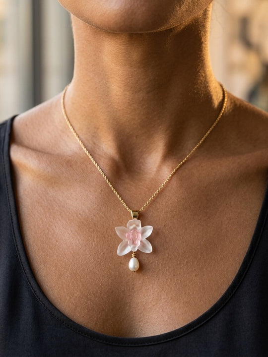 14K Yellow Gold with Pearl Orchid Pendant