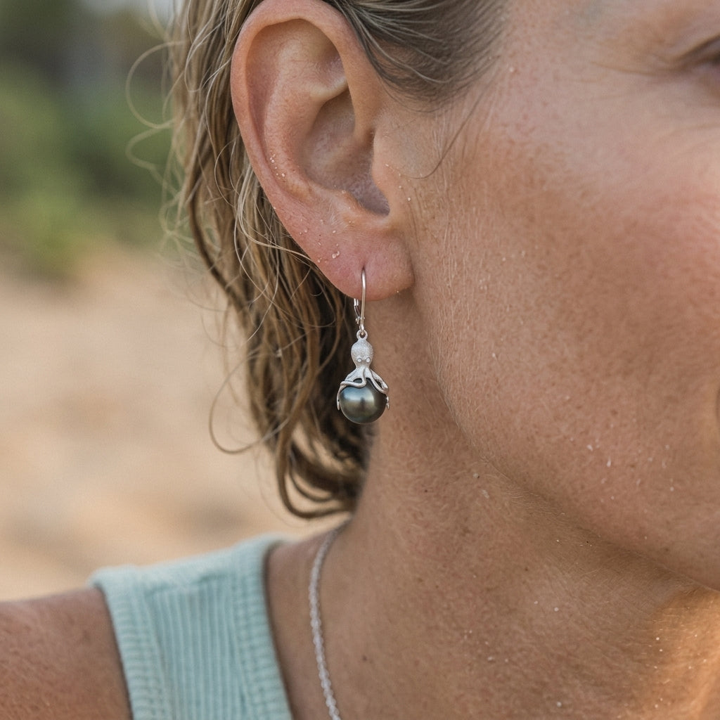 White Gold Octopus Earrings With 11mm Tahitian Pearls & Diamonds — worn on model (blonde, view 4)