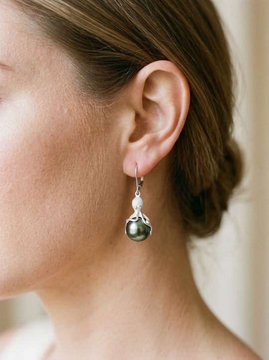 White Gold Octopus Earrings With 11mm Tahitian Pearls & Diamonds
