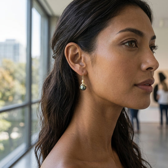 Gold Octopus Earrings With 11mm Tahitian Pearls & Diamonds