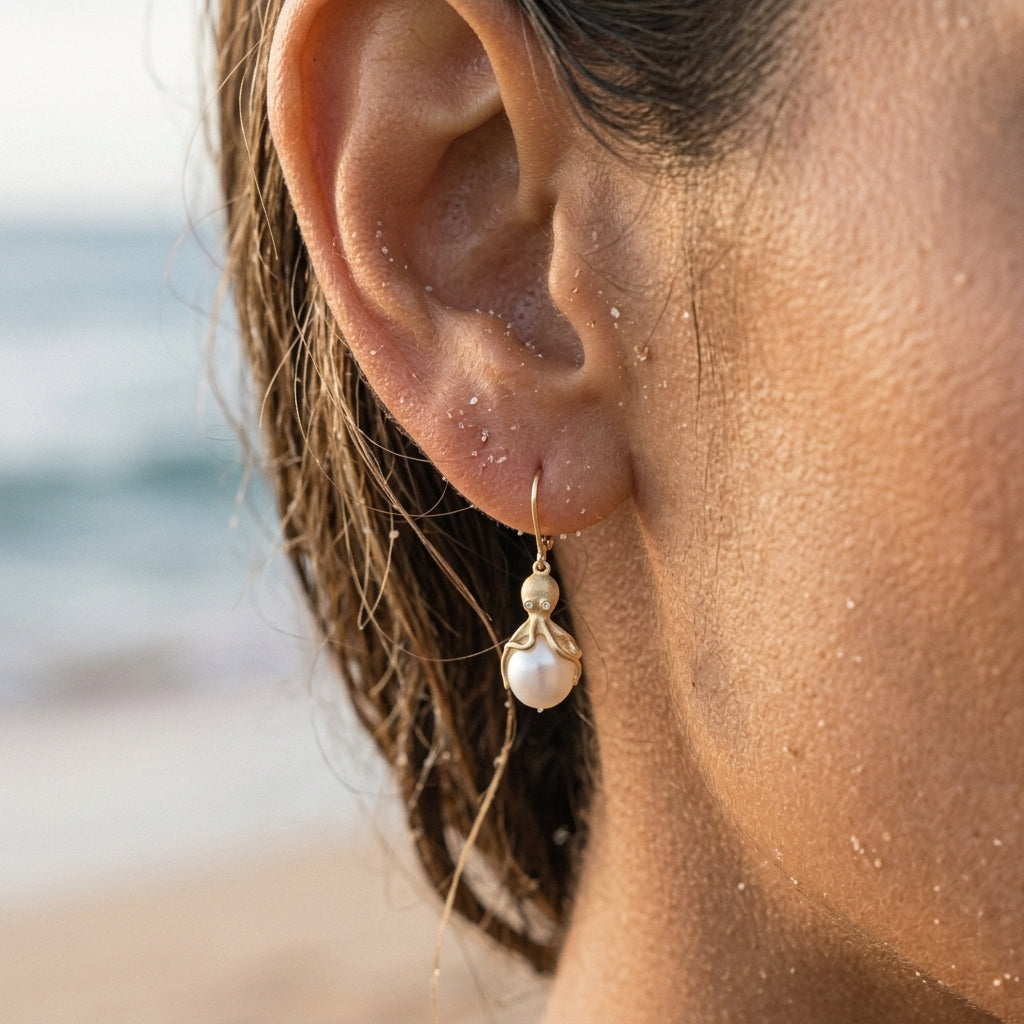Gold Octopus Earrings With White Fresh Water Pearls & Diamonds — worn on model (brunette, view 4)