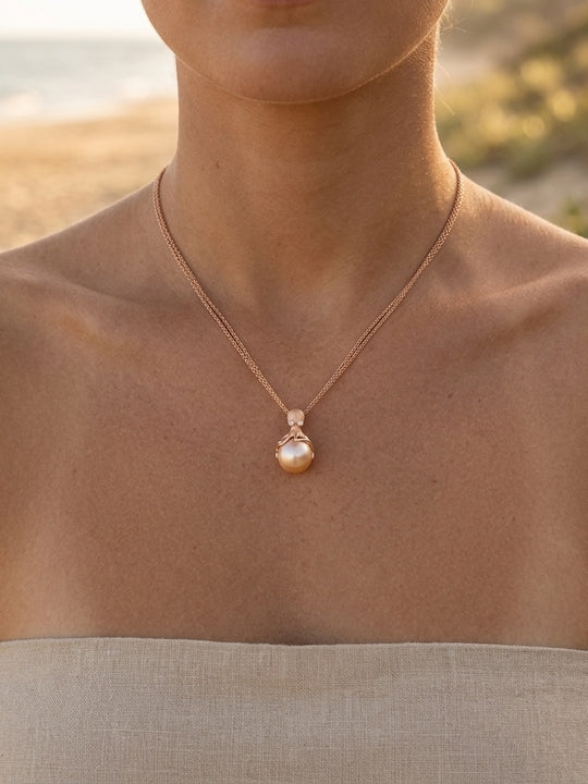 Rose Gold Octopus Pendant With 12mm Peach Fresh Water Pearl & Diamonds