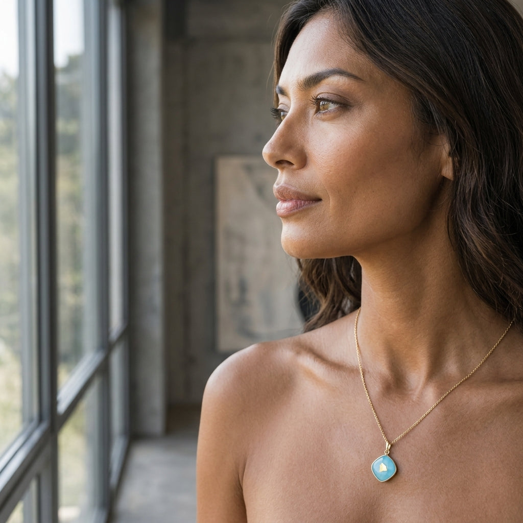 18k Treasure Island Hawaiian Island Small Pendant — worn on model (brunette, view 1)