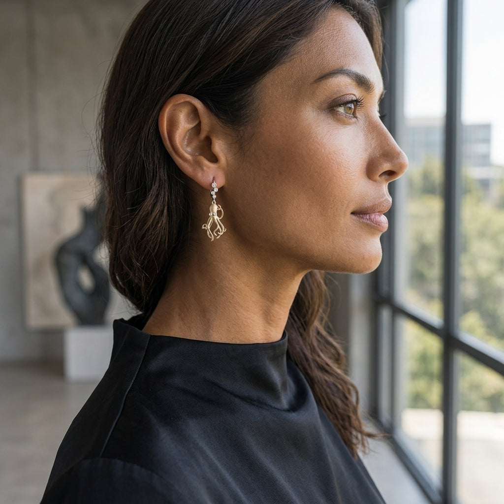 14k 2/tone Octopus Earring with 12 Diamonds — worn on model (brunette, view 1)