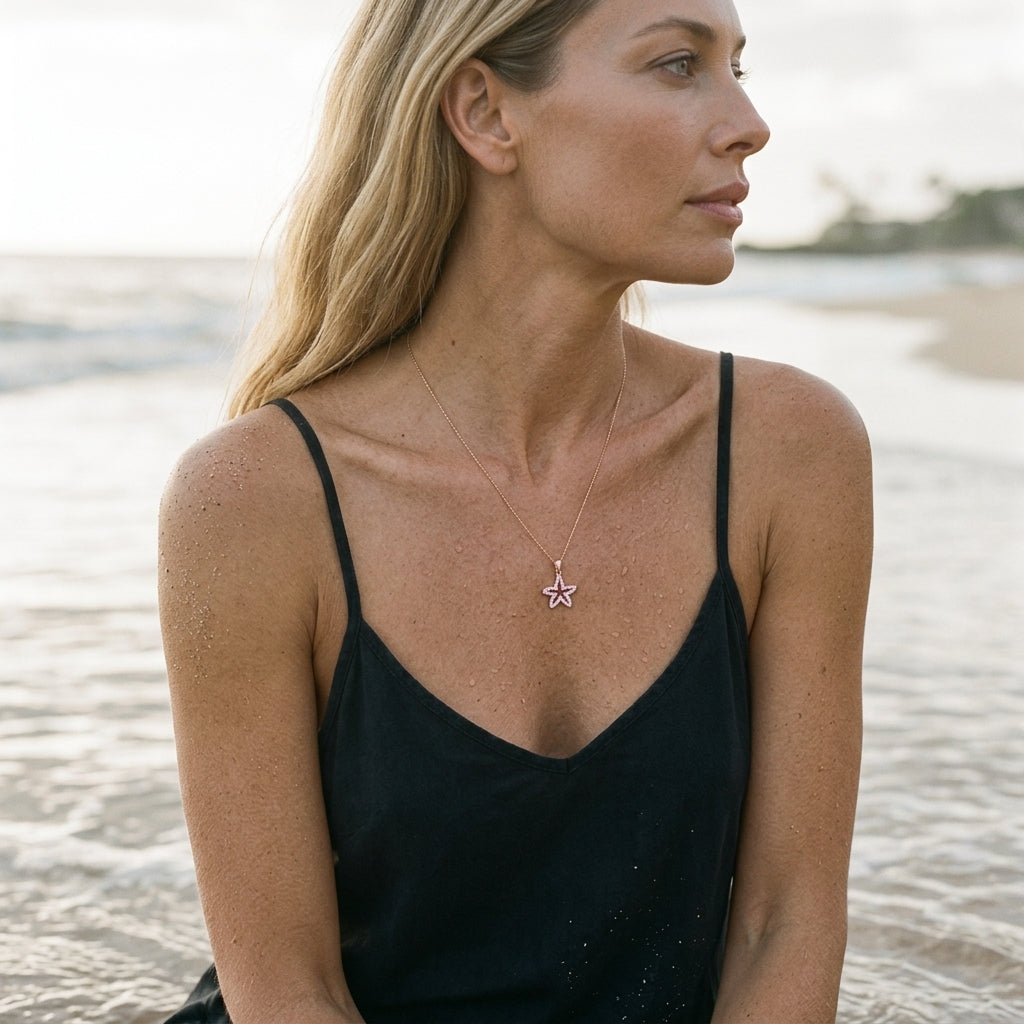 14k 15mm Starfish Pendant with 39 Pastel Pink Sapphires — worn on model (blonde, view 1)