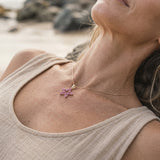 14k 15mm Starfish Pendant with 39 Hot Pink Sapphires — worn on model (blonde, view 3)