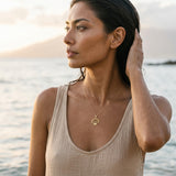 14k Yellow Gold Shell Pendant with 21 Yellow Sapphires — worn on model (brunette, view 1)
