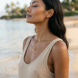 14k Yellow Gold Shell Pendant with 21 Yellow Sapphires — worn on model (brunette, view 2)