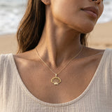 14k Yellow Gold Shell Pendant with 21 Yellow Sapphires — worn on model (brunette, view 3)