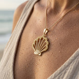 14k Yellow Gold Shell Pendant with 21 Yellow Sapphires — worn on model (brunette, view 4)