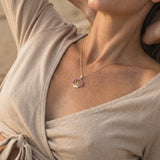 14k Yellow Gold Shell Pendant with 21 Hot Pink Sapphires — worn on model (blonde, view 3)