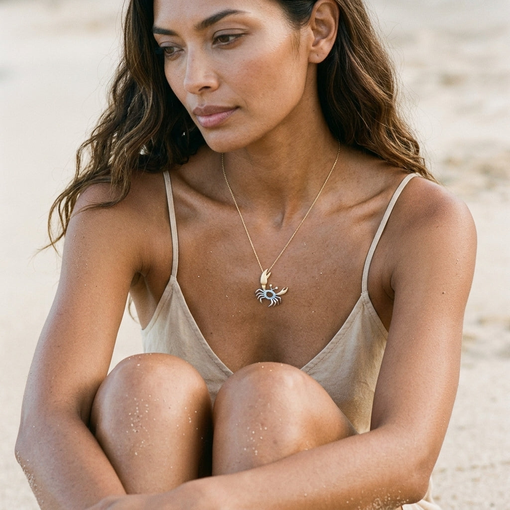 14k 2/tone Crab Pendant with 2 Diamonds and 14 Pastel Blue Sapphires — worn on model (brunette, view 2)