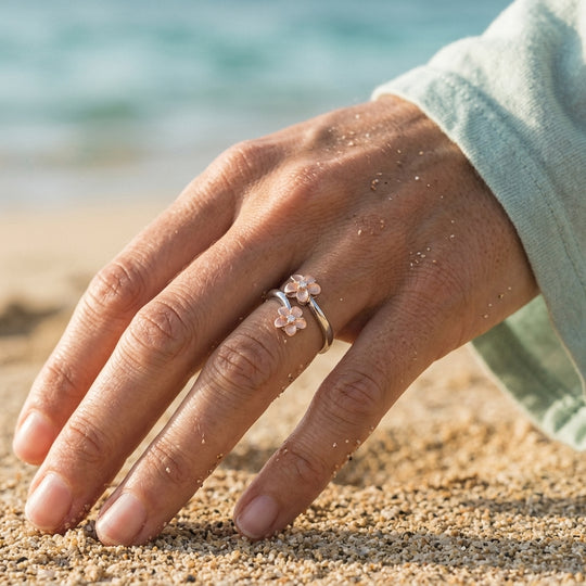 2 / Tone 14K 6 et 8 mm "Hang 5" Plumeria Ring avec 2 diamants