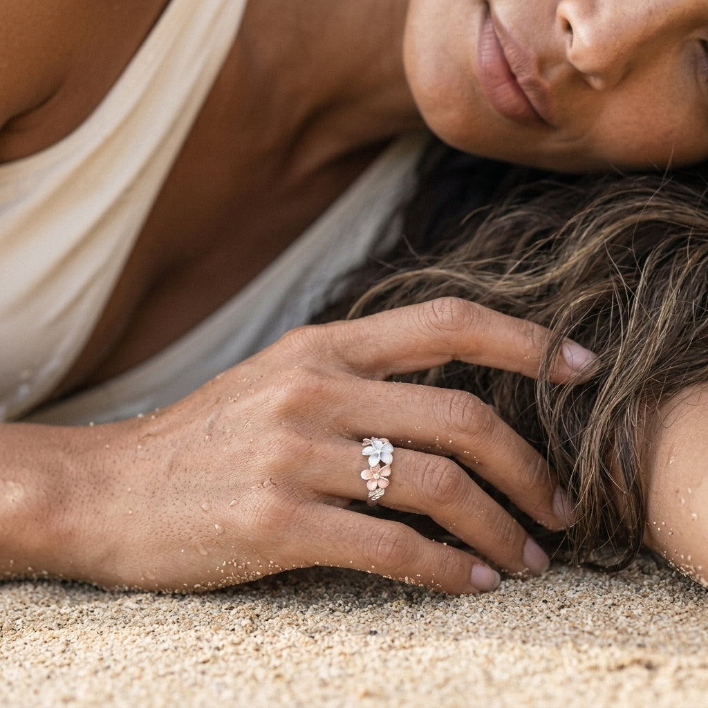 14k 2/tone Diamond Plumeria Ring — worn on model (brunette, view 3)