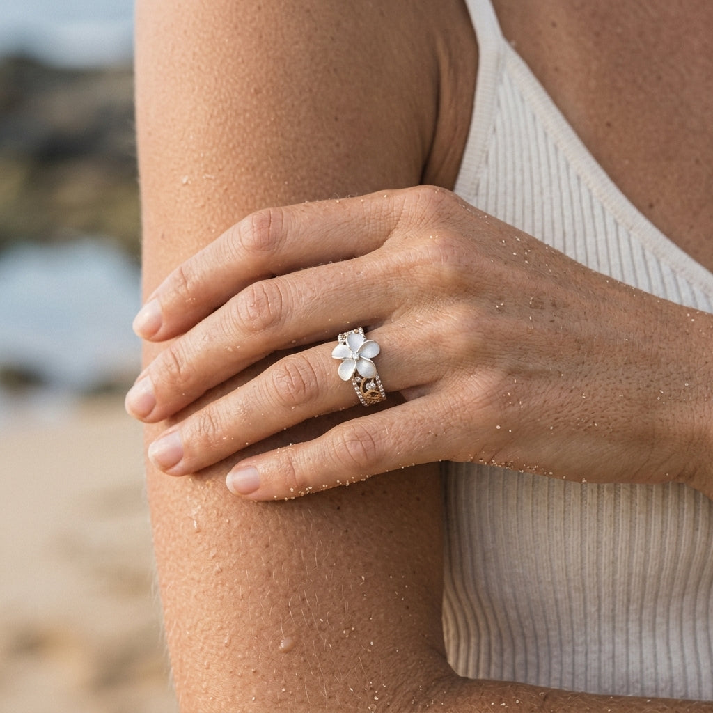 14k 2/tone Chandelier Plumeria Ring with 3 Diamonds — worn on model (blonde, view 3)