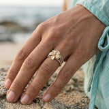 14k 2/tone Chandelier Plumeria Ring with 3 diamonds — worn on model (brunette, view 3)