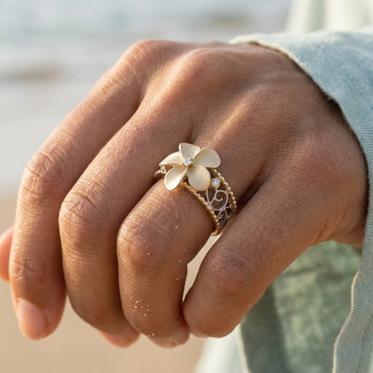 14k 2/tone Chandelier Plumeria Ring with 3 diamonds