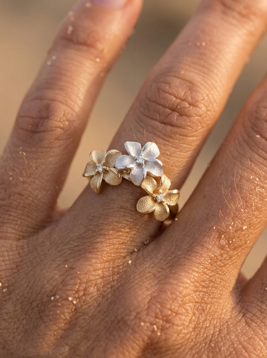 14k 8mm 2/Tone Plumeria Ring with 3 Diamonds