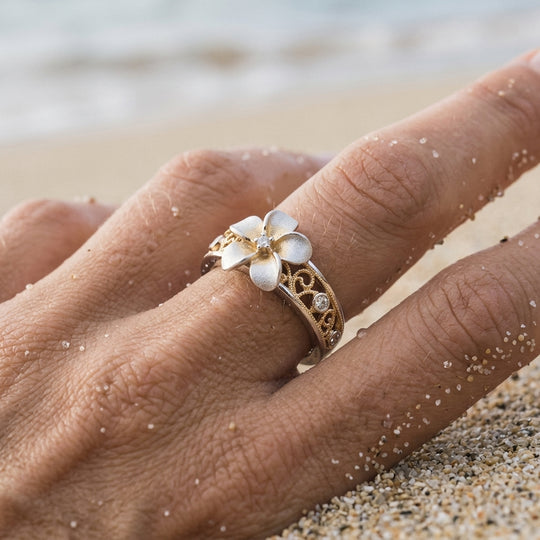 2/tone 14k Plumeria Chandelier Ring with 7 diamonds