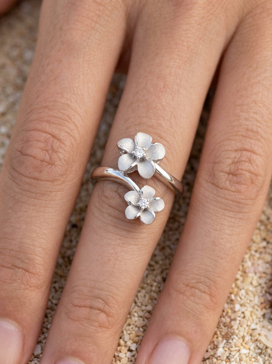 14k 8 and 11mm Plumeria Ring with 2 Diamonds
