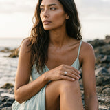 14k 8 and 11mm Plumeria Ring with 2 Diamonds — worn on model (brunette, view 2)