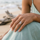 14k 8 and 11mm Plumeria Ring with 2 Diamonds — worn on model (brunette, view 3)
