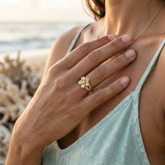 14k 8 and 11mm Plumeria Ring with 2 Diamonds