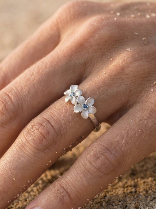 14k White Gold 8mm Plumeria Ring with 3 blue diamonds