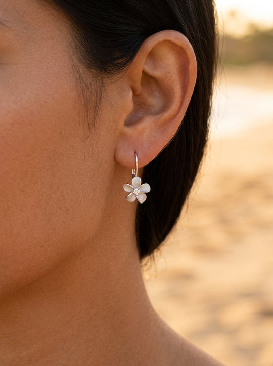 8mm 14kw Plumeria Earrings with 2 diamonds