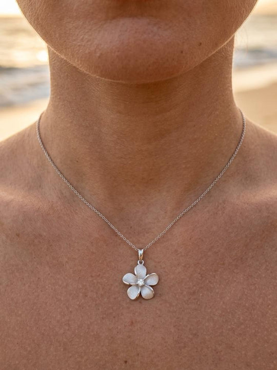 13mm 14k Plumeria Pendant with 0.03 carat diamond